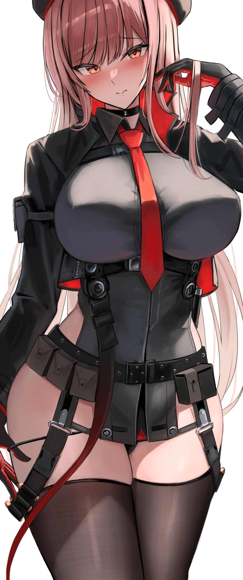 1girl absurdres arm_pouch belt_pouch beret black_choker black_gloves black_headwear black_jacket black_leotard black_shirt black_thighhighs blush breasts brown_hair choker collared_leotard collared_shirt cowboy_shot cropped_jacket gloves goddess_of_victory:_nikke hana_hebi hat highres jacket large_breasts leotard light_brown_hair long_hair long_sleeves looking_at_viewer necktie pouch rapi_(nikke) red_eyes red_necktie shirt solo thighhighs thighs two-tone_gloves