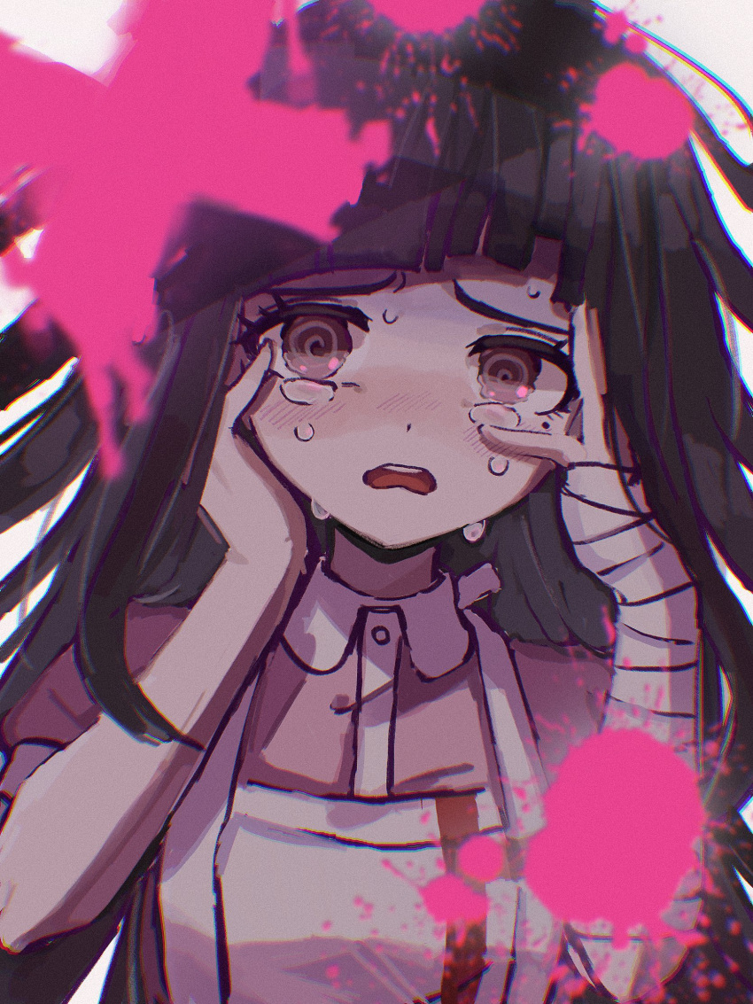 1girl apron bandaged_arm bandages blood blush brown_hair collared_shirt commentary_request crying d: danganronpa_(series) danganronpa_2:_goodbye_despair grey_apron hands_up highres long_hair mole mole_under_eye pe_cippe pink_blood pink_shirt shirt tears teeth tsumiki_mikan upper_teeth_only white_background white_shirt