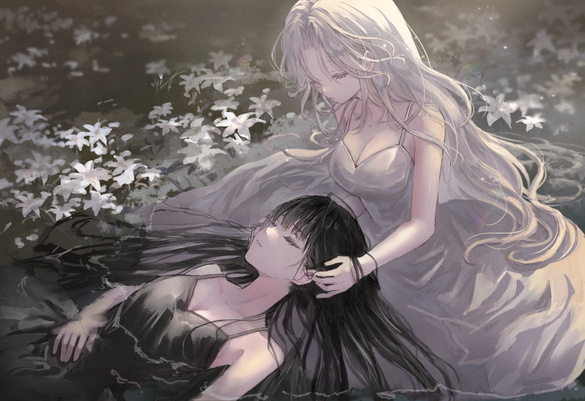 2girls bare_shoulders black_dress black_hair breasts cleavage closed_eyes collarbone day dress facing_away flower full_body highres holding_another's_head kumagai_yuka lap_pillow large_breasts light_particles long_dress long_hair lying medium_breasts multiple_girls on_back original out_of_frame outdoors parted_bangs sidelocks sleeping sleeveless sleeveless_dress white_dress white_flower white_hair