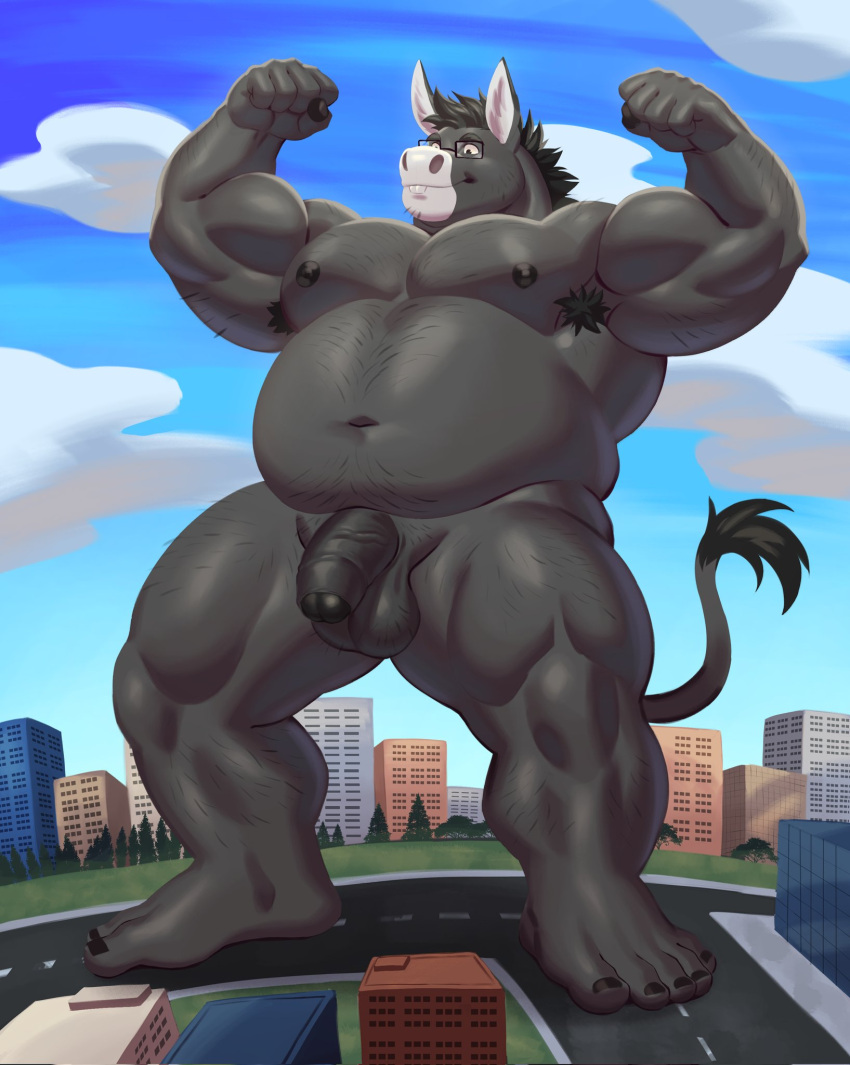 2023 5_toes adios anthro armpit_hair asinus balls barefoot black_body black_fur black_hair black_nipples blue_sky body_hair chest_hair city cityscape cloud donkey equid equine eyewear feet flaccid flexing_both_biceps fur genitals glasses grass hair hi_res humanoid_genitalia humanoid_penis macro male mammal nipples nude overweight overweight_anthro overweight_male pecs penis plant sky solo street tail tail_tuft thick_thighs toes tree tuft