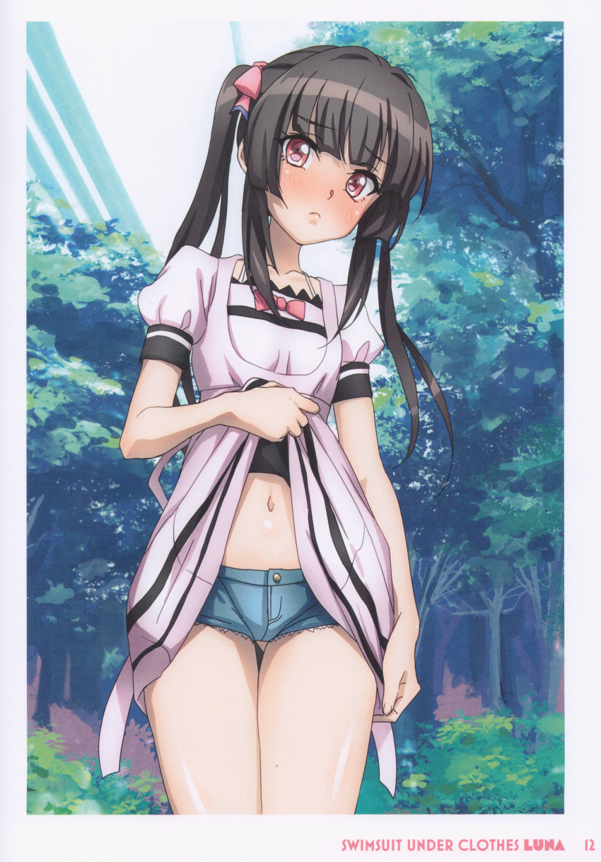 1girl absurdres black_hair blush bow comiket_102 denim denim_shorts dress english_text eyelashes fujikawa_daichi hair_bow hair_ornament highres long_hair looking_at_viewer navel pink_dress pink_eyes puffy_short_sleeves puffy_sleeves senki_zesshou_symphogear short_sleeves shorts solo standing tsukuyomi_shirabe twintails