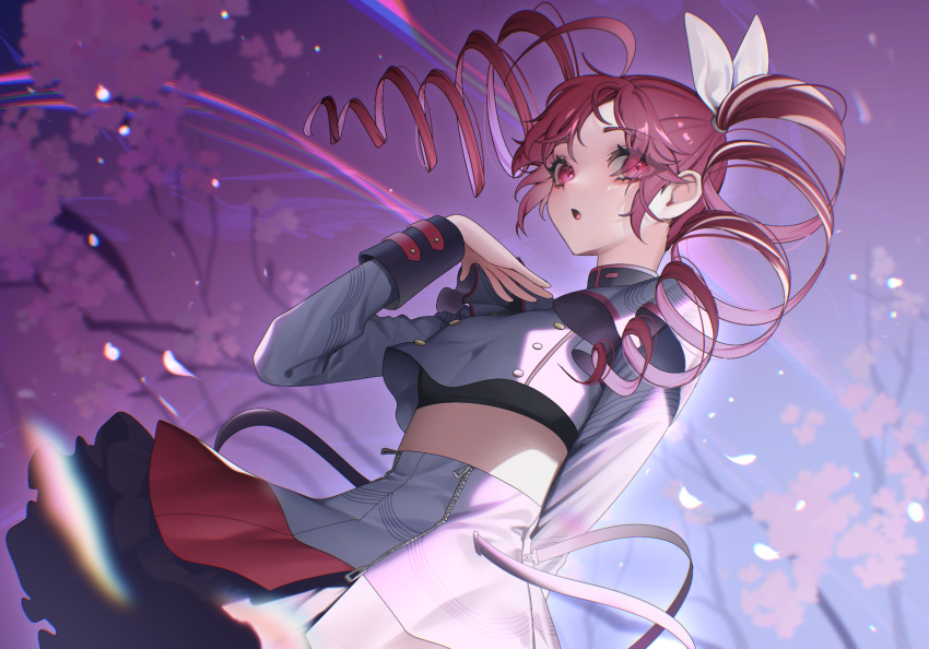 1girl ahoge arm_behind_back bitaro bow buttons cherry_blossoms cropped_jacket double-breasted drill_hair eyes_visible_through_hair falling_petals grey_jacket grey_skirt hair_bow hand_on_own_chest highres jacket kasane_teto kasane_teto_(sv) long_sleeves looking_at_viewer midriff open_mouth petals red_eyes red_hair shirt skirt sleeve_cuffs solo sports_bra synthesizer_v twin_drills uniform upshirt utau white_bow