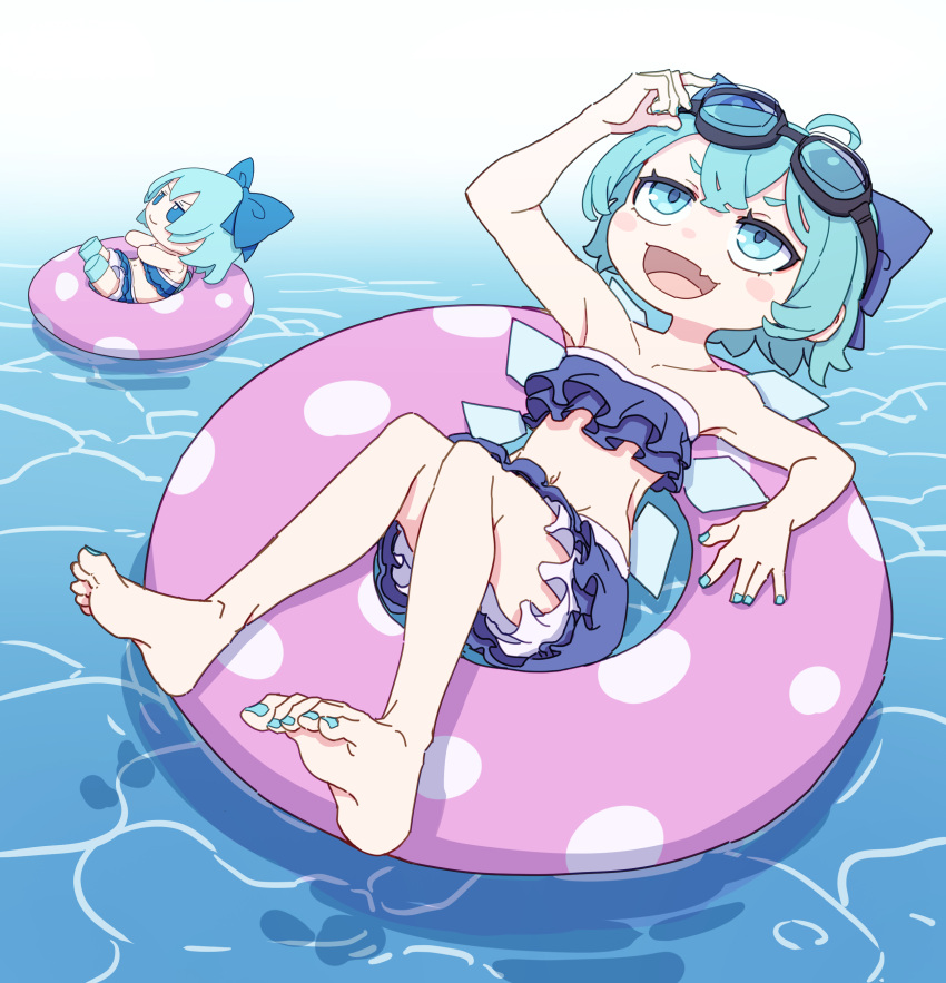 1girl :d \||/ absurdres adjusting_goggles ahoge bare_arms bare_legs bare_shoulders barefoot bikini bikini_skirt blue_bikini blue_bow blue_eyes blue_hair blue_nails blush_stickers bow character_doll cirno collarbone crossed_bangs fairy fang feet fingernails frilled_bikini frills full_body fumo_(doll) goggles goggles_on_head groin hair_bow hand_up highres ice ice_wings innertube kame_(kamepan44231) light_blue_hair looking_up nail_polish navel open_mouth polka_dot_innertube short_hair skin_fang smile soles solo strapless strapless_bikini swimsuit toenail_polish toenails toes touhou v-shaped_eyebrows water wings