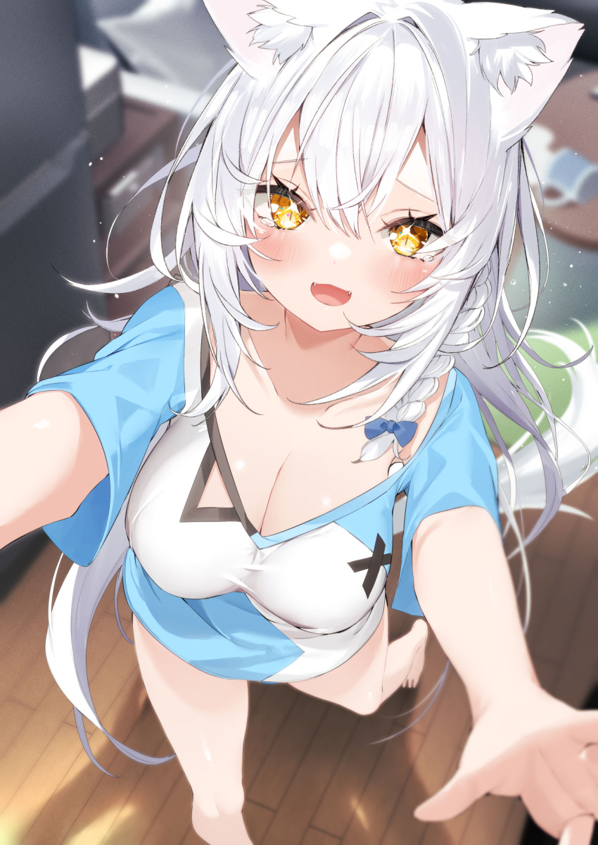 1girl animal_ear_fluff animal_ears blue_shirt blurry blurry_background blush bottomless breasts cat_ears cat_girl cat_tail cleavage collarbone commentary_request fangs from_above hair_between_eyes highres indoors kamioka_shun'ya large_breasts long_hair looking_at_viewer open_mouth original outstretched_arms reaching reaching_towards_viewer shirt short_sleeves sidelocks smile solo sparkling_eyes tail tearing_up tears two-tone_shirt white_hair white_shirt wooden_floor yellow_eyes