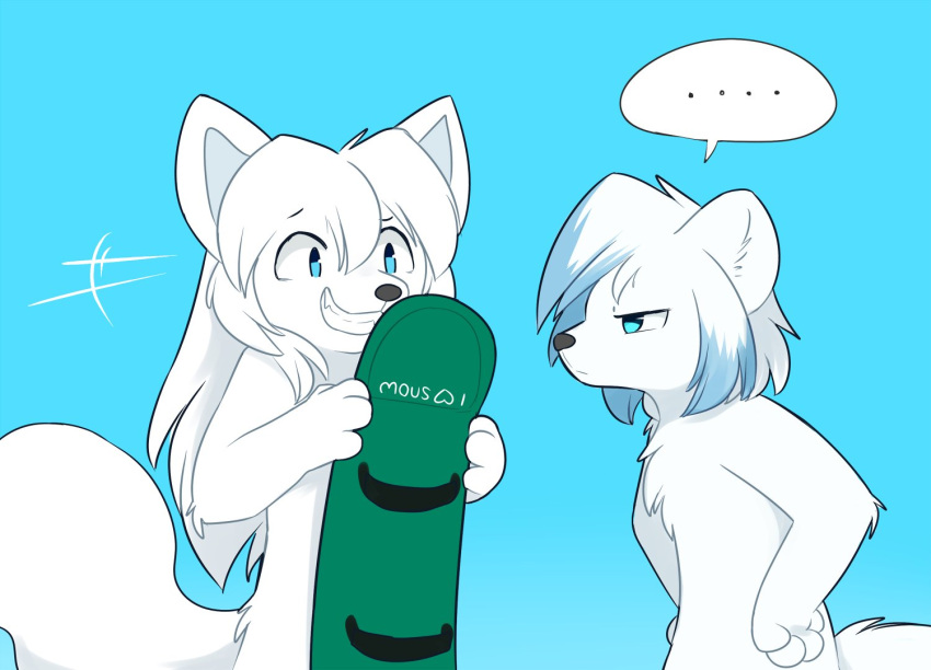 ambiguous_gender anthro averi_(fiddleafox) blue_eyes canid canine duo female female_anthro fiddleafox fox fur hair mammal smile snowboard text unknown_character white_body white_fur