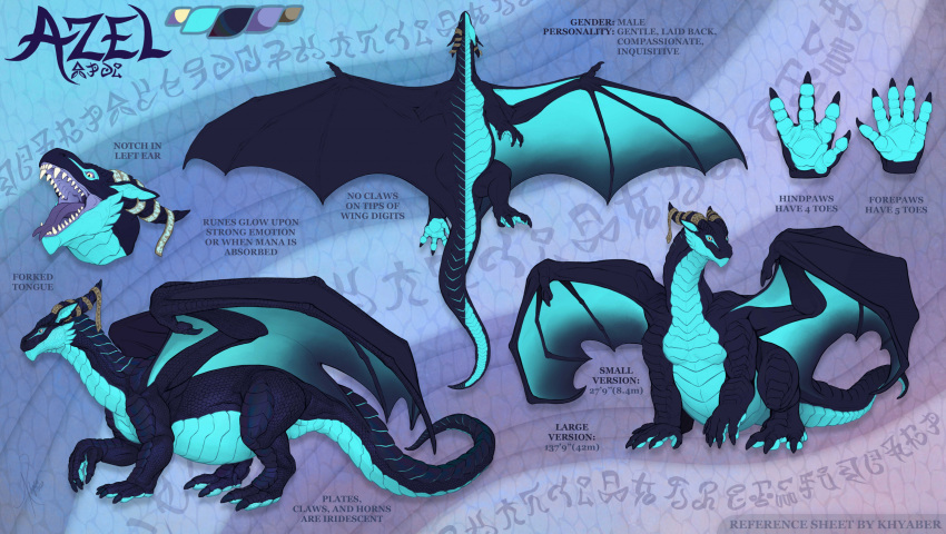 ambiguous_gender azel_(draconicdawn) blue_body blue_scales blue_wings dragon english_text feral forked_tongue front_view hi_res khyaber membrane_(anatomy) membranous_wings model_sheet open_mouth purple_sclera purple_tongue quadruped scales scalie side_view solo spread_wings teeth text tongue wings yellow_eyes