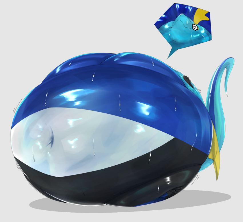 asaz black_body blue_body blue_tail body_inflation dazed generation_8_pokemon immobile inflation inteleon liquid_inflation male navel nintendo pokemon pokemon_(species) simple_background solo spherical_inflation tail water_inflation wet wet_body white_background white_body