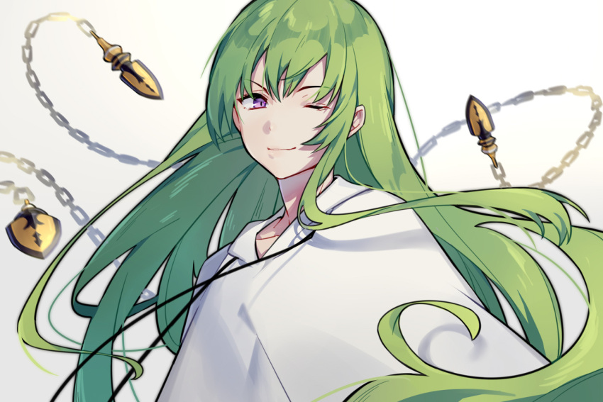 1other anchun_(quail0503) androgynous chain collarbone enkidu_(fate) fate/grand_order fate_(series) floating floating_hair floating_object green_hair kingu_(fate) long_hair looking_at_viewer one_eye_closed portrait purple_eyes robe simple_background single_sidelock smile white_robe