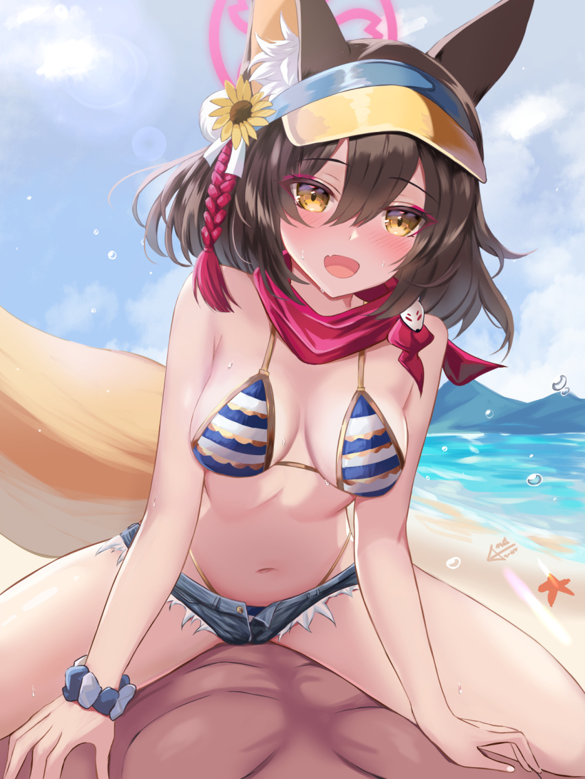 1girl :d animal_ears beach bikini blue_archive blue_sky breasts brown_eyes brown_hair cloud day denim denim_shorts flower fox_ears fox_girl fox_tail girl_on_top habu_rin hair_between_eyes hair_flower hair_ornament halo hetero highres izuna_(blue_archive) izuna_(swimsuit)_(blue_archive) medium_breasts navel official_alternate_costume open_mouth outdoors scrunchie short_hair shorts sky smile solo_focus striped striped_bikini sunflower_hair_ornament swimsuit tail visor_cap wrist_scrunchie