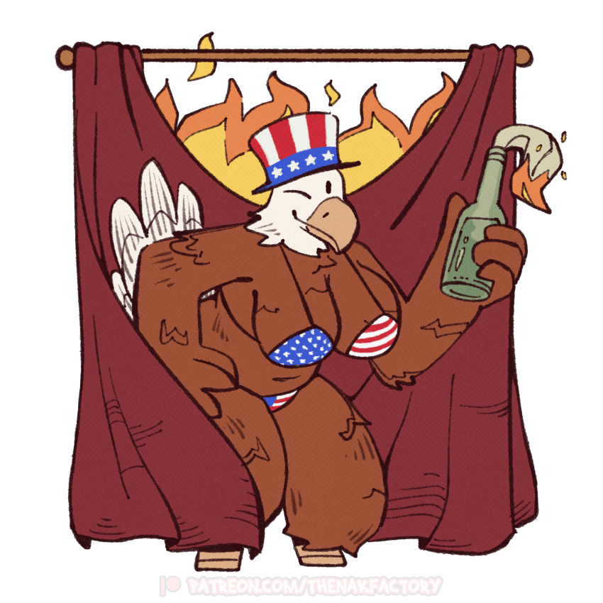 1:1 2023 4th_of_july accipitrid accipitriform american_flag_bikini anthro avian bald_eagle beak big_breasts bikini biped bird breasts brown_body brown_feathers clothed clothing curtains dozendav eagle feathers female fire hand_on_hip hat headgear headwear hi_res holding_object holding_weapon molotov_cocktail navel non-mammal_breasts one_eye_closed patreon politics sea_eagle simple_background skimpy smile solo standing stars_and_stripes swimwear text thick_thighs united_states_of_america url weapon white_background white_body white_feathers wink