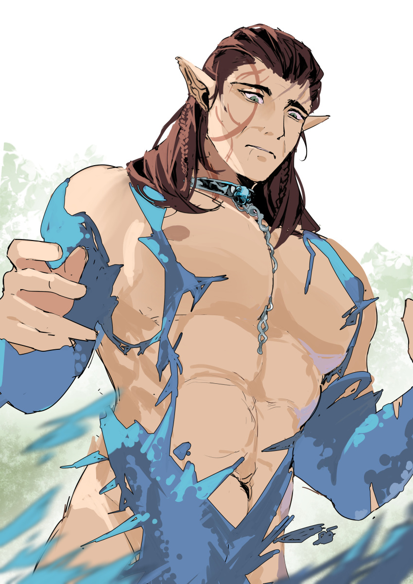1boy abs absurdres alternate_skin_color baldur's_gate baldur's_gate_3 bara bare_pectorals between_pectorals braid brown_hair collar cowboy_shot dungeons_and_dragons elf from_below halsin hanling27557630 highres large_pectorals looking_down male_focus mature_male medium_hair muscular muscular_male navel nipples pectorals pointy_ears solo stomach tattoo thick_eyebrows torn_clothes wardrobe_malfunction