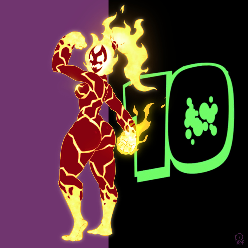 ben_10 cartoon_network elemental_creature elemental_humanoid female fire flaming_hair hair heatblast hi_res humanoid looking_at_viewer looking_back looking_back_at_viewer nude number ponytail pose profannytea pseudo_hair pyronite solo