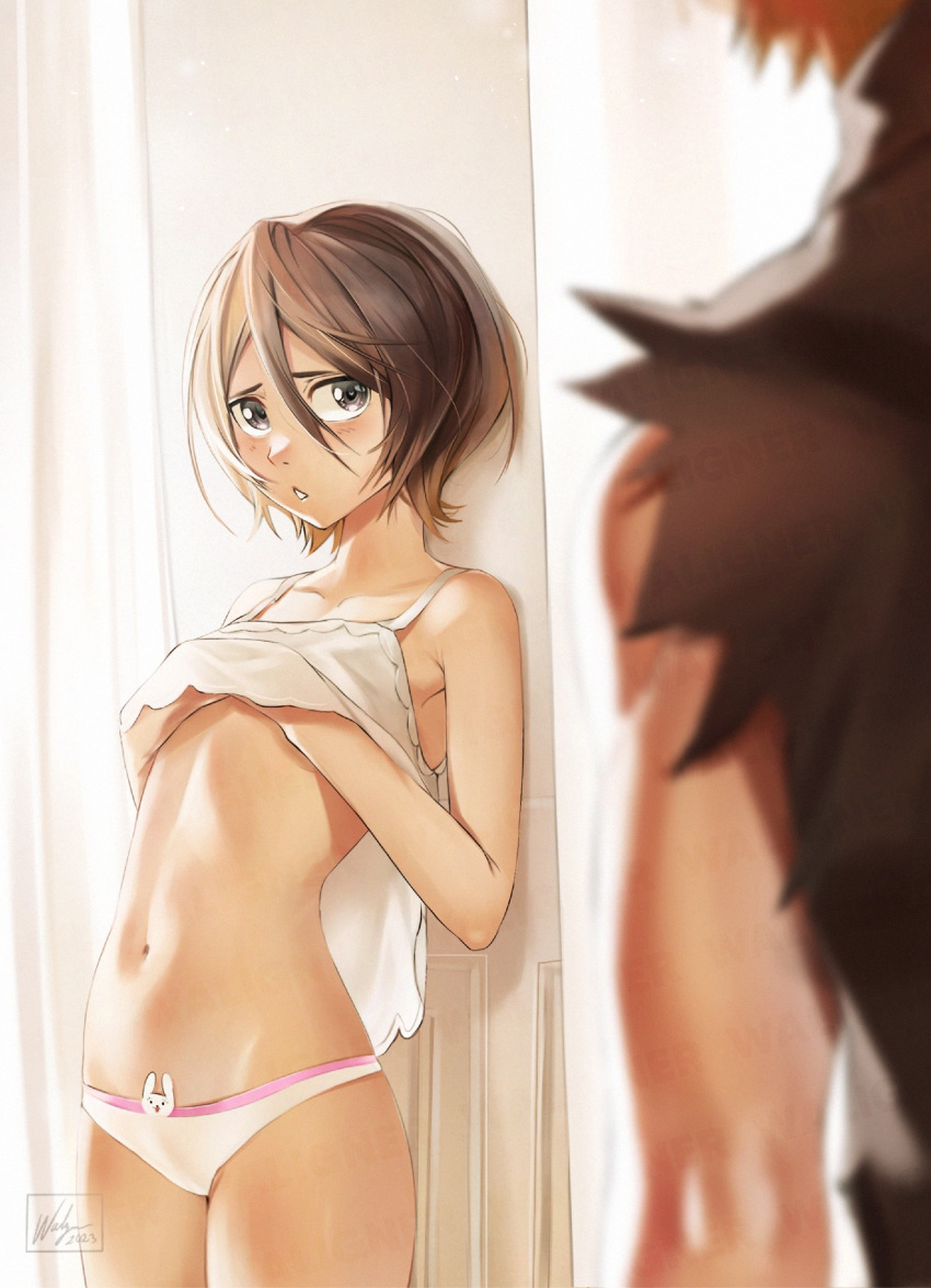 1boy 1girl 2023 :&lt; absurdres against_wall animal_print artist_logo black_hair bleach breasts clothes_lift covering covering_breasts grey_eyes hair_between_eyes highres indoors kuchiki_rukia kurosaki_ichigo lifted_by_self navel orange_hair panties parted_lips petite print_panties rabbit_panties rabbit_print shirt_lift short_hair small_breasts stomach torn_clothes underwear waligner white_panties