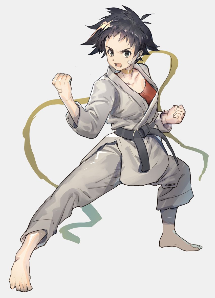 1girl absurdres bandaid bandaid_on_face barefoot black_hair breasts brown_eyes choker dougi fighting_stance highres karate karate_gi looking_at_viewer lower_teeth_only makoto_(street_fighter) martial_arts_belt medium_breasts open_mouth red_sports_bra ribbon_choker short_hair solo sports_bra street_fighter street_fighter_iii_(series) street_fighter_iv_(series) tanakalma teeth tomboy white_background yellow_choker