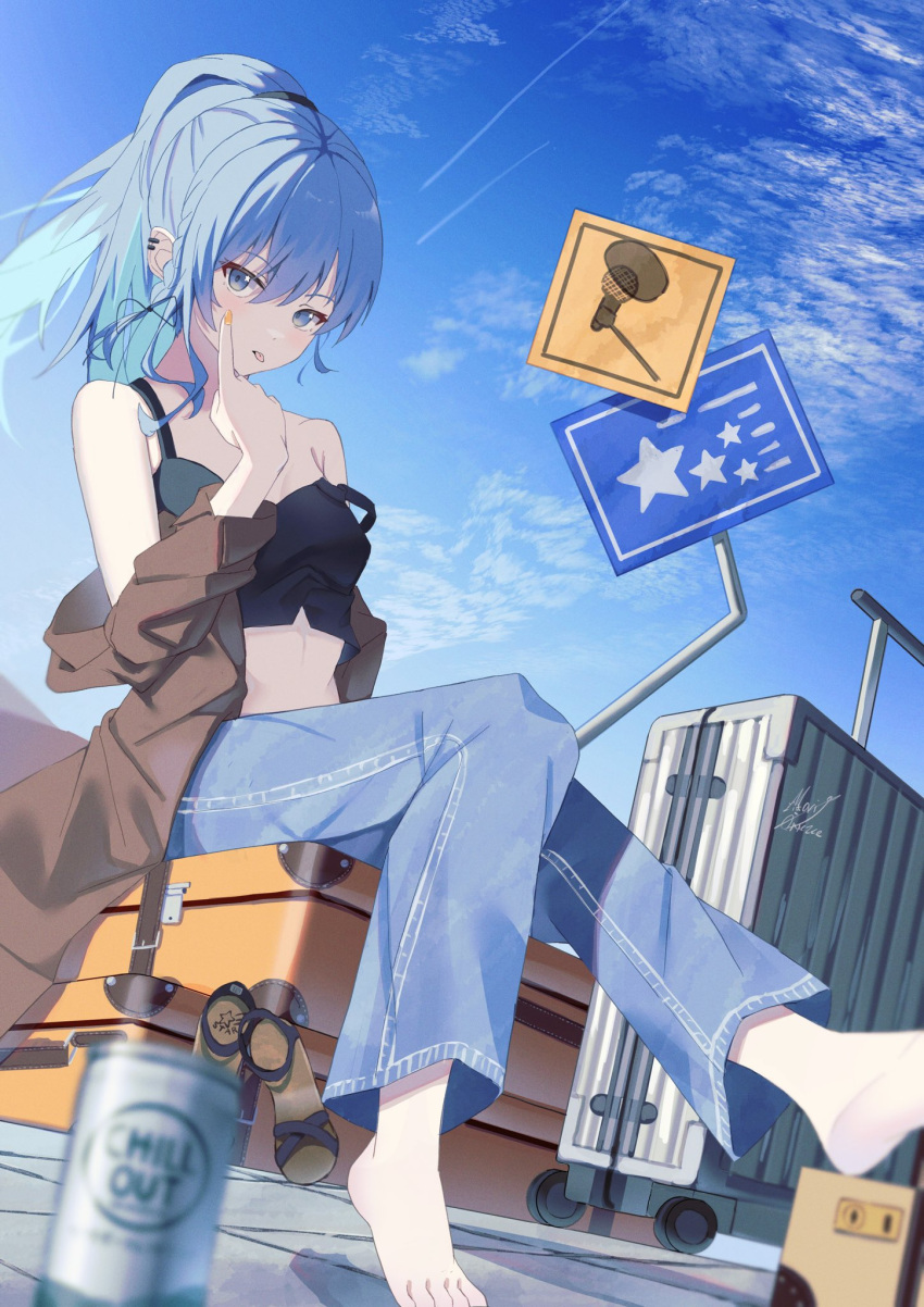 1girl akanbe barefoot beer_can black_tank_top blue_eyes blue_hair blue_pants blue_sky brown_footwear brown_jacket can cloud contrail denim earrings electrical_outlet english_commentary highres hololive hoshimachi_suisei jacket jeans jewelry looking_at_viewer maria_onnette midriff off_shoulder pants road_sign rolling_suitcase sign sitting sitting_on_object sky solo star_(symbol) star_in_eye suitcase symbol_in_eye tank_top tile_floor tiles tongue tongue_out virtual_youtuber