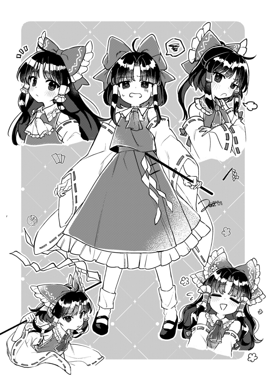 1girl ascot bare_shoulders bow closed_eyes closed_mouth detached_sleeves flying_sweatdrops frilled_skirt frills gohei greyscale hair_bow hair_tubes hakurei_reimu highres holding holding_gohei japanese_clothes jill_07km long_hair monochrome multiple_views nontraditional_miko open_mouth ribbon-trimmed_sleeves ribbon_trim shoes sidelocks signature skirt socks spoken_squiggle squiggle touhou wide_sleeves