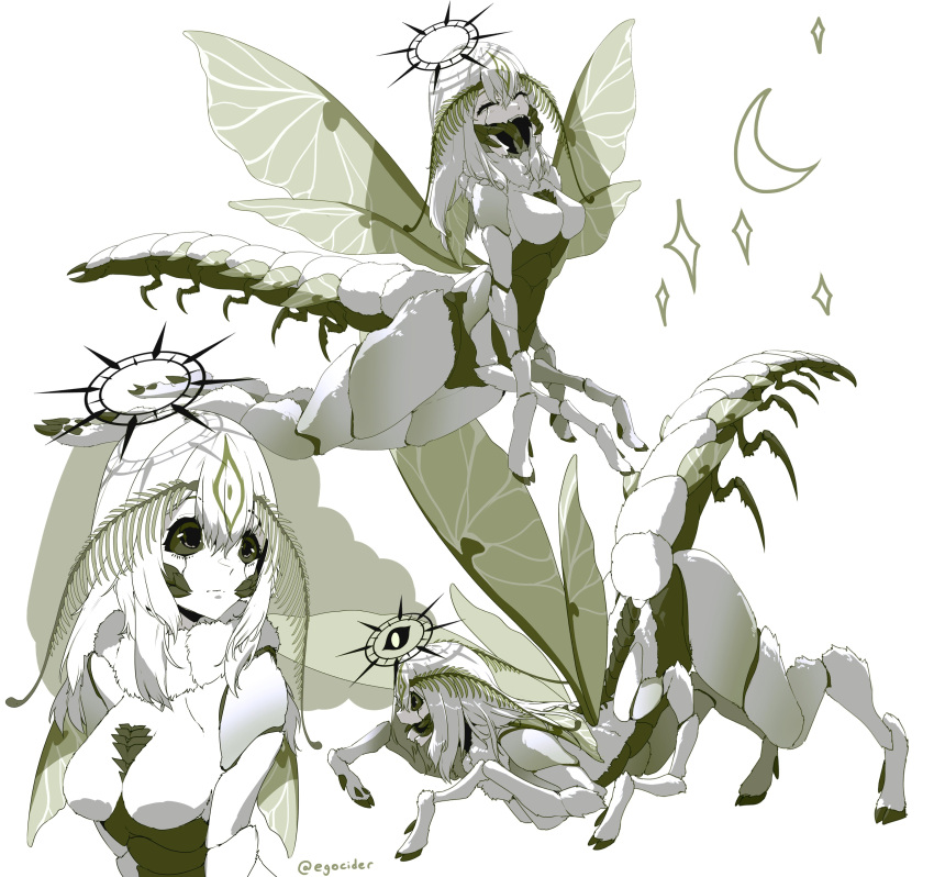 1girl absurdres all_fours antennae arthropod_girl body_fur breasts carapace colored_sclera colored_skin extra_arms green_sclera halo highres hooves indie_virtual_youtuber juniper_(artist) juniper_actias medium_breasts monster_girl moth_antennae moth_girl moth_wings neck_fur open_mouth tail white_background white_hair white_skin wings