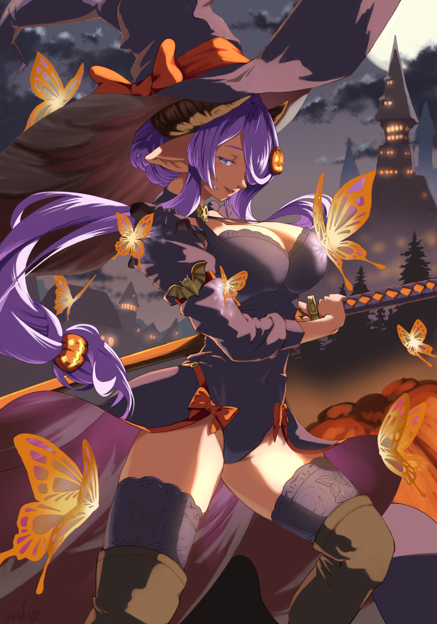 1girl absurdres bat_ornament blue_eyes braid breasts bug butterfly castle cleavage draph dress food-themed_hair_ornament french_braid frilled_dress frills full_moon granblue_fantasy groin hair_bun hair_ornament hair_over_one_eye halloween hat highres holding holding_sword holding_weapon horns katana lace-trimmed_legwear lace_trim large_breasts long_hair looking_at_viewer moon narmaya_(granblue_fantasy) open_mouth pointy_ears pumpkin_hair_ornament purple_dress purple_hair smile solo sword thighhighs tugeyakumo very_long_hair weapon witch_hat zettai_ryouiki