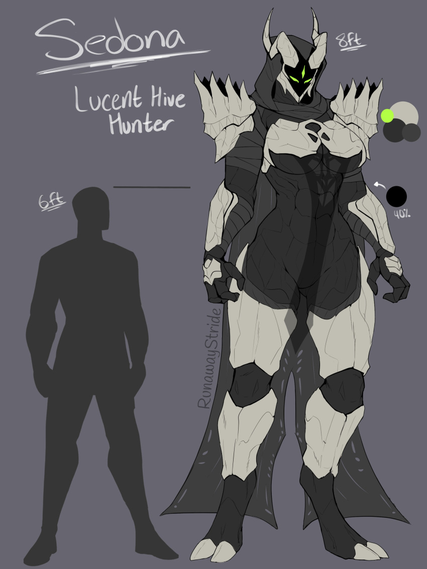 2022 2_horns 2_toes 3_eyes 3_fingers abs absurd_res alien alien_humanoid arm_spikes arm_wraps armor artist_name biped black_body bracers breastplate breasts cape character_name claws cleavage cleavage_cutout clothed clothing curvy_figure digital_media_(artwork) digitigrade empty_eyes exoskeleton featureless_crotch fecharis feet female fingers full-length_portrait green_eyes grey_background guardian_(destiny) headgear helmet hi_res hive_(destiny) hood horn humanoid medium_breasts midriff model_sheet multi_eye muscular muscular_female natural_armor not_furry pauldron portrait runawaystride sedona_(runawaystride) shirt shoulder_spikes simple_background skimpy_armor solo spiked_armor spikes spikes_(anatomy) standing thick_thighs toe_claws toes topwear translucent translucent_clothing under_boob white_armor wraps