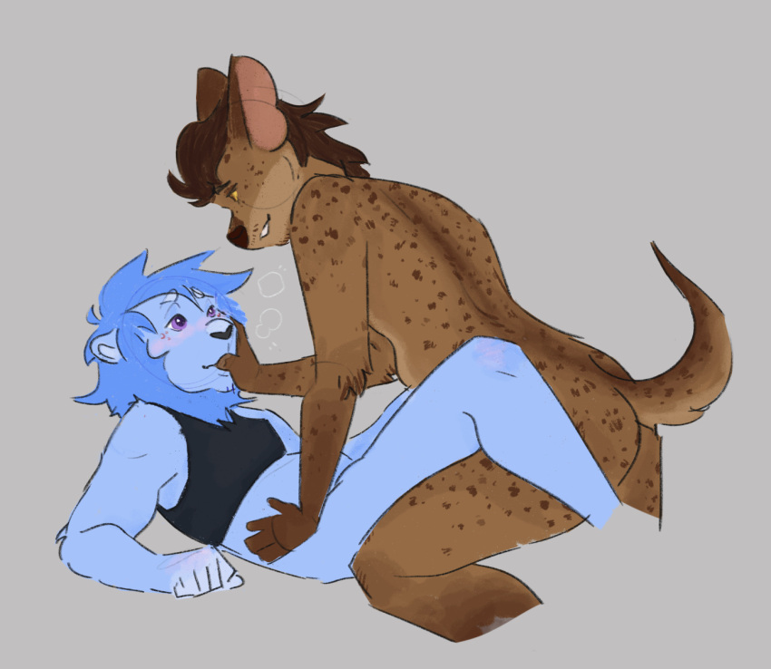 ambiguous_gender anthro blue_body blue_fur duo felid finger_in_mouth finger_suck fur hi_res hyena lion mammal mouth_play pantherine pvppyguts sketch sucking