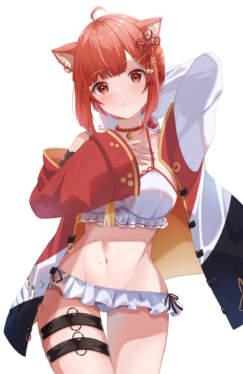 1girl absurdres ahoge animal_ear_fluff animal_ears arm_up bikini blush breasts collar commentary_request cowboy_shot frilled_bikini frills hair_ornament hand_up highres jacket long_sleeves looking_at_viewer medium_breasts navel nijisanji off_shoulder open_clothes open_jacket ratna_petit red_collar red_eyes red_hair shinshia_(sinsia_0928) short_hair simple_background solo swimsuit tassel tassel_hair_ornament thigh_strap white_background white_bikini wide_sleeves