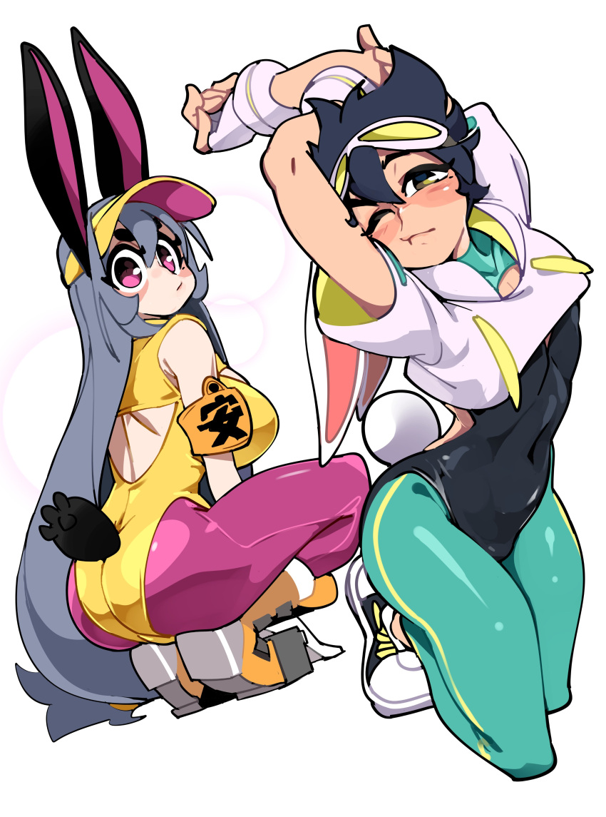 2girls absurdres animal_ears arms_up black_footwear black_hair black_leotard bongfill breasts eyewear_on_head green_pants grey_hair highres large_breasts leotard long_hair looking_at_viewer mole mole_under_eye multiple_girls one_eye_closed original pants pants_under_leotard purple_eyes rabbit_ears rabbit_girl rabbit_tail shoes short_hair simple_background small_breasts sneakers sunglasses tail tank_(bongfill) tinted_eyewear tomboy white-framed_eyewear white_background yellow-tinted_eyewear yellow_leotard