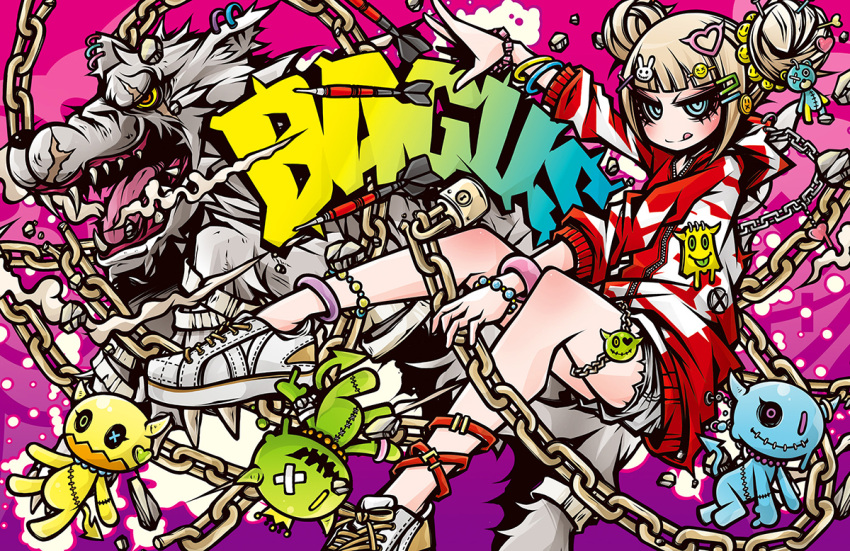 1girl belt_chain bracelet chain dart decora english_text engrish_text gun jewelry little_red_riding_hood lock original padlock profanity project.c.k. punk ranguage skull tattoo thumb_ring weapon wolf