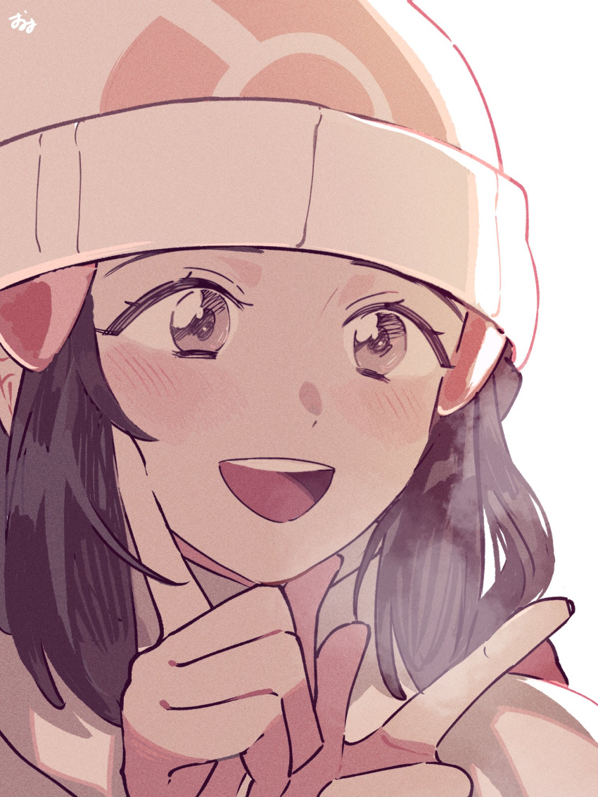 1girl :d beanie black_hair blush breath commentary_request dawn_(pokemon) eyelashes grey_eyes hair_ornament hairclip hands_up hat highres index_fingers_raised long_hair omyo_(myomyomyo22) open_mouth pokemon pokemon_(game) pokemon_dppt pokemon_platinum scarf sidelocks simple_background smile solo teeth tongue upper_teeth_only white_background white_headwear white_scarf