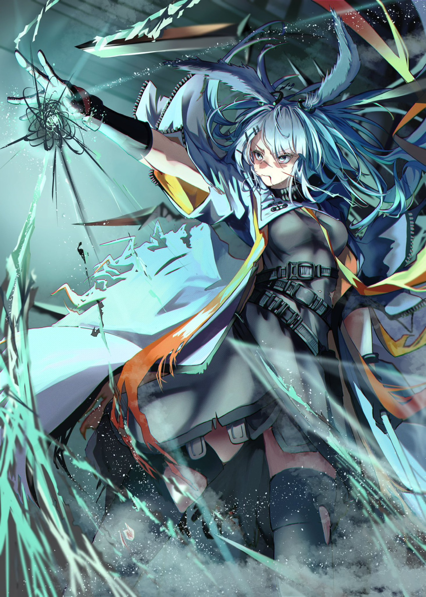 1girl animal_ear_fluff animal_ears arknights belt black_dress black_gloves black_thighhighs blood blood_from_mouth blood_on_face breasts casting_spell coat cowboy_shot dress ear_ornament frostnova_(arknights) gloves grey_eyes grey_hair hair_ornament hairclip highres ice kurosabi_neko large_breasts long_hair magic multiple_belts originium_arts_(arknights) rabbit_ears rabbit_girl ring_hair_ornament scar scar_on_face scar_on_nose solo standing thighhighs torn_clothes white_coat zettai_ryouiki