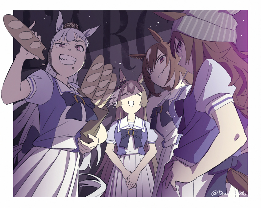 4girls ^_^ animal_ears bag baguette beanie biting bread breasts brown_hair brown_headwear closed_eyes closed_mouth ears_through_headwear food gold_ship_(umamusume) grey_hair grey_headwear grin hair_ornament hand_on_own_hip hat highres holding holding_bag holding_food horse_ears long_hair looking_at_viewer multiple_girls nakayama_festa_(umamusume) open_mouth own_hands_together paper_bag purple_eyes purple_shirt raised_eyebrow red_eyes sailor_collar satono_diamond_(umamusume) school_uniform shirt short_sleeves sirius_symboli_(umamusume) skirt small_breasts smile standing teddy_(takarada) tracen_school_uniform twitter_username umamusume white_skirt