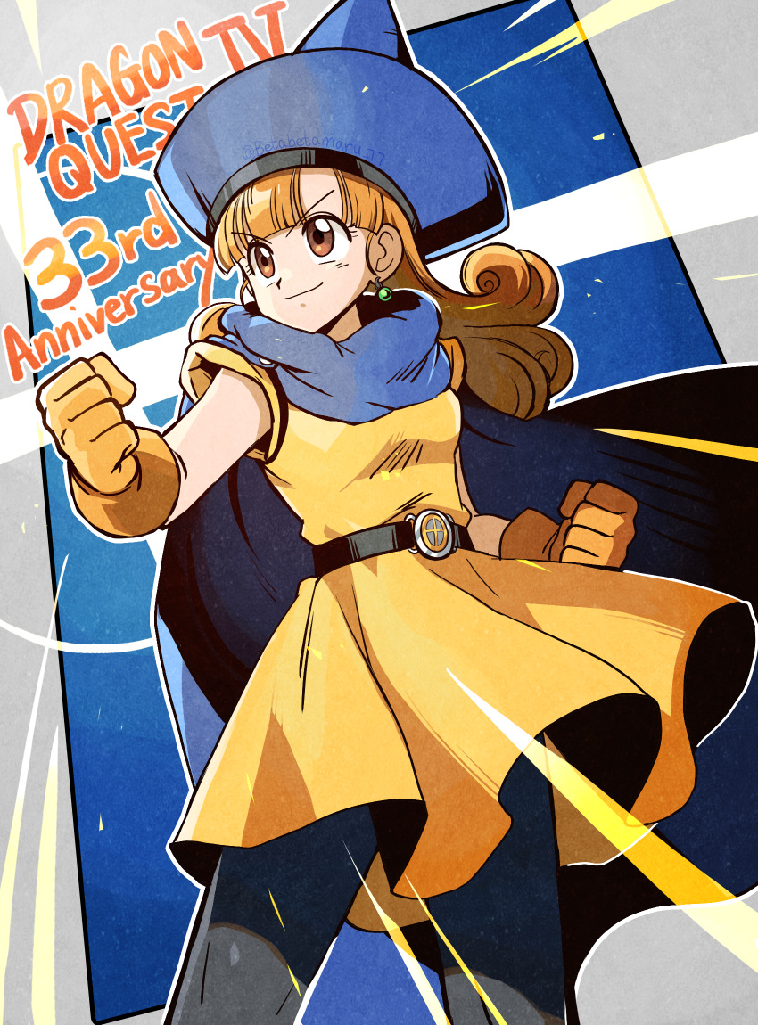 1girl alena_(dq4) animal_ears anniversary belt betabetamaru black_leggings blue_cape blue_headwear blunt_bangs breasts cape clenched_hands commentary_request copyright_name curly_hair dragon_quest dragon_quest_iv dress emphasis_lines gloves highres leggings orange_eyes orange_gloves orange_hair small_breasts smile solo v-shaped_eyebrows yellow_dress