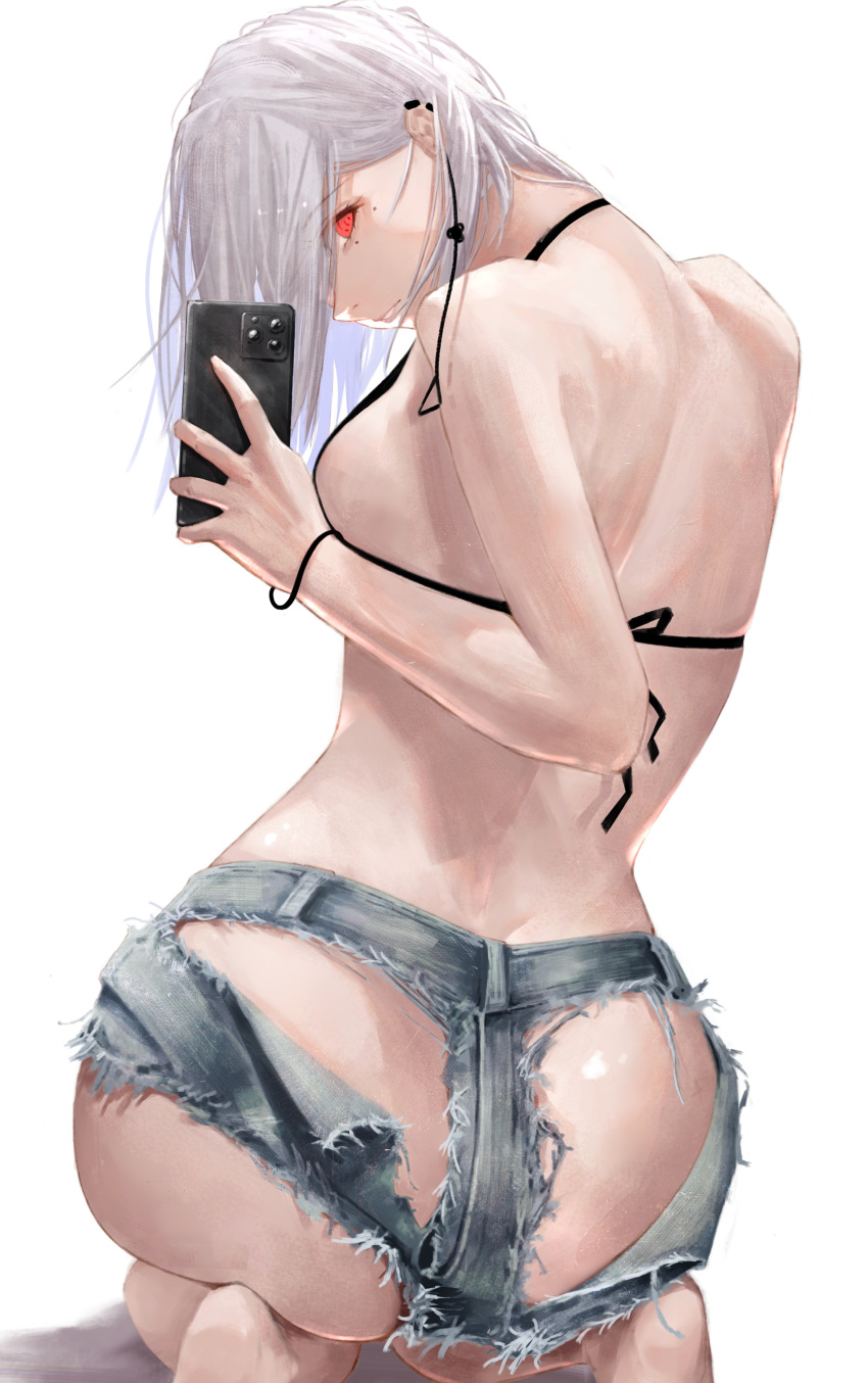 1girl absurdres ass back bikini bikini_top_only black_bikini blue_shorts cellphone chainsaw_man denim denim_shorts earrings fami_(chainsaw_man) from_behind highres holding holding_phone iphone jewelry looking_at_viewer looking_back mole mole_under_eye multiple_moles no_panties phone red_eyes seiza short_hair short_shorts shorts shoulder_blades simple_background sitting smartphone solo swimsuit taking_picture tassel tassel_earrings torn_clothes torn_shorts white_hair yu_pian