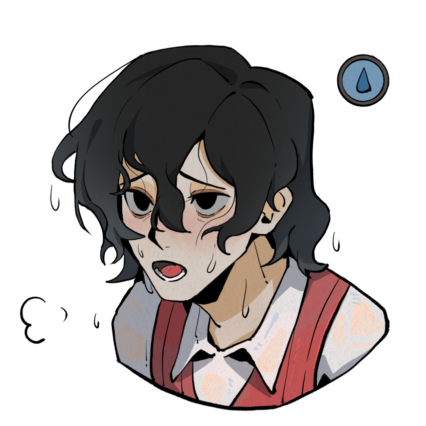 1boy anyu0 black_hair breath collared_shirt cropped_shoulders don't_starve hair_between_eyes hair_down highres looking_afar male_focus open_mouth red_vest shirt simple_background solo tongue vest water_drop wet wet_hair white_background white_shirt wilson_(don't_starve)