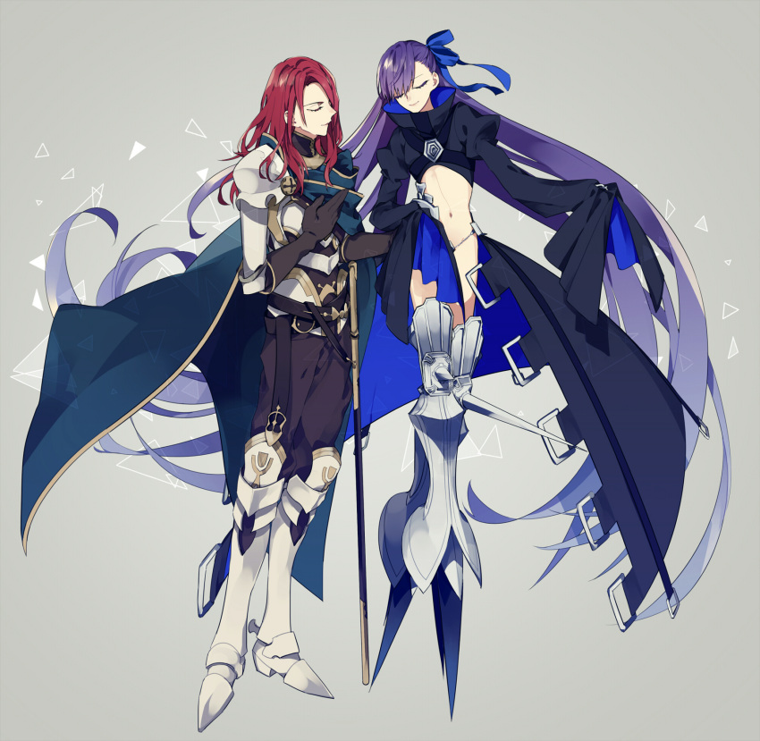 1boy 1girl armor belt black_belt black_gloves black_jacket black_pants blue_ribbon breasts cape closed_eyes closed_mouth couter crotch_plate elbow_gloves fate/extra fate/extra_ccc fate/grand_order fate_(series) full_body gloves greaves green_cape grey_background hair_ribbon high_collar highres jacket long_hair long_sleeves looking_at_viewer meltryllis_(fate) navel pants pauldrons prosthesis prosthetic_leg purple_hair red_hair ribbon shoulder_armor simple_background single_pauldron sleeves_past_fingers sleeves_past_wrists small_breasts smile syubare tristan_(fate) u_u very_long_hair wide_sleeves