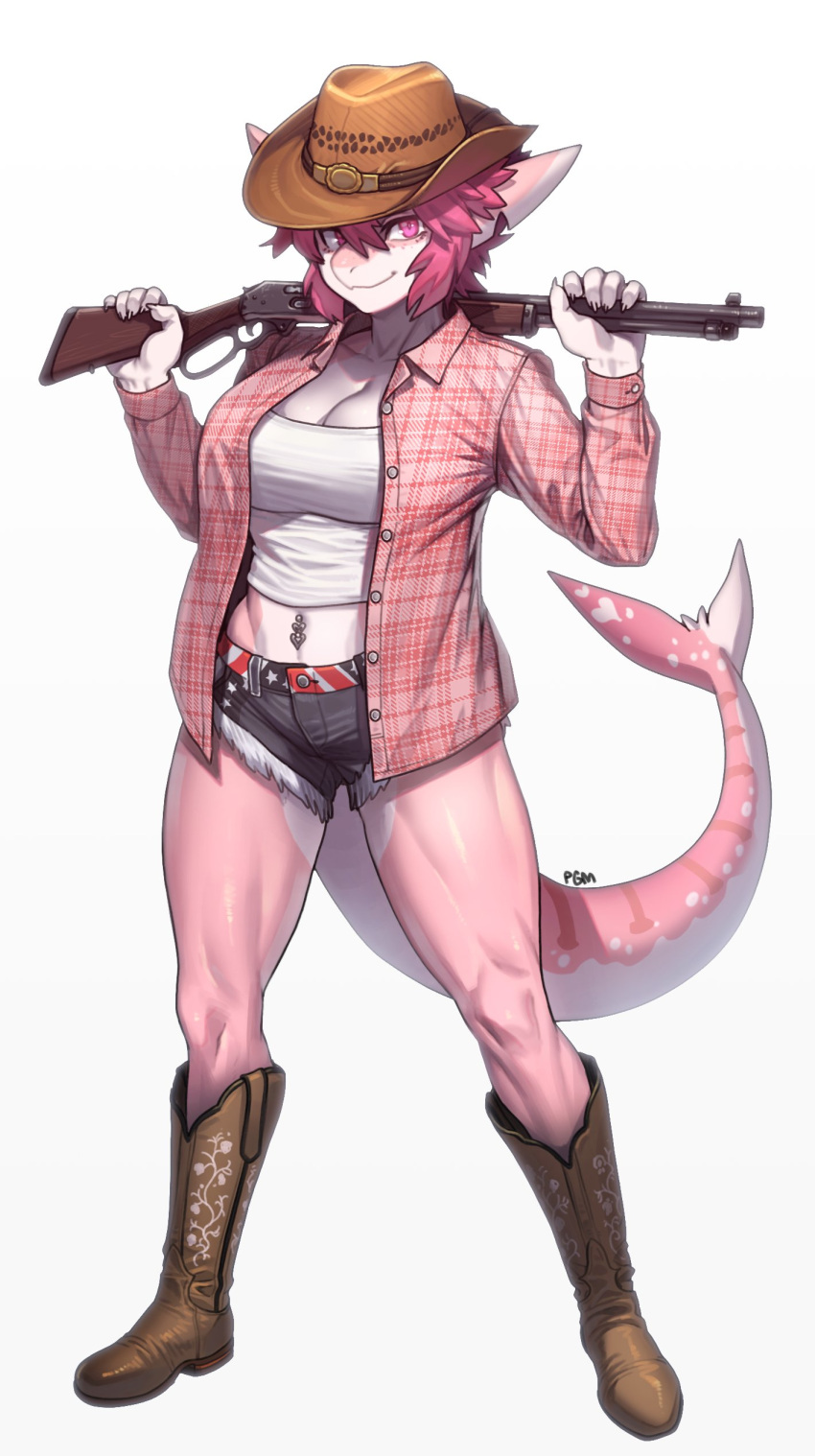 absurd_res anthro boots clothed clothing cowboy_hat female fish footwear hair hat headgear headwear hi_res looking_at_viewer marine pgm300 pink_body pink_eyes pink_hair shark simple_background smile solo tail weapon