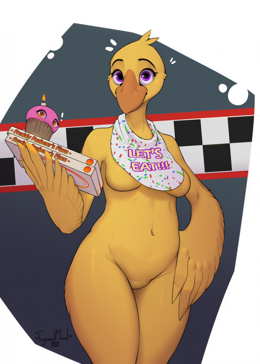 2022 anthro avian beak bib bird breasts chicken cupcake cupcake_(fnaf) digital_media_(artwork) feathered_wings feathers featureless_breasts featureless_crotch female five_nights_at_freddy's food front_view galliform gallus_(genus) hi_res nude phasianid pizza_box purple_eyes scottgames solo togaed wide_hips winged_arms wings