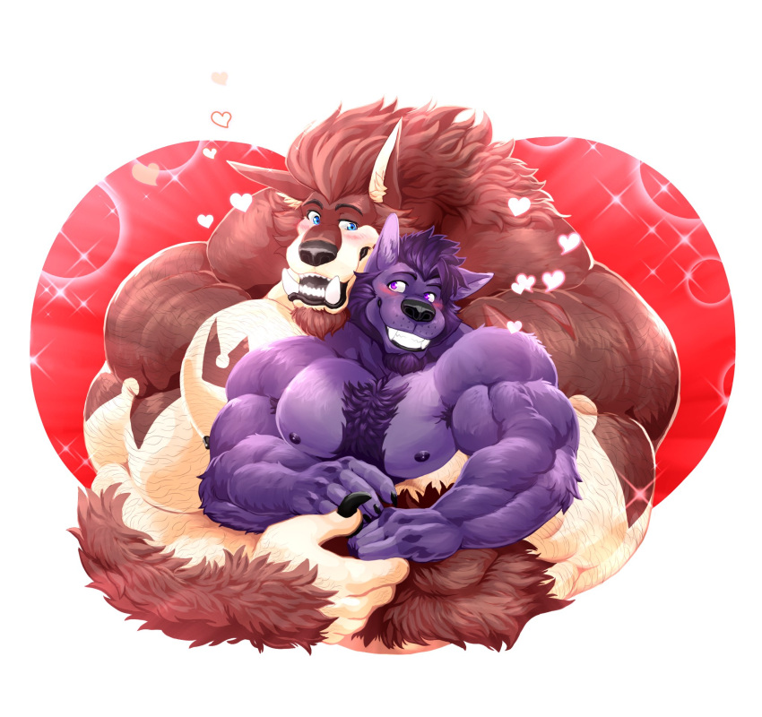&lt;3 2021 anthro arm_tuft barazoku beard biceps blue_eyes blush brown_body brown_fur brown_hair canid canine chest_tattoo chest_tuft claws duo embrace eye_contact facial_hair fangs finger_claws flexor_carpi fur goatee hair hairy_arms hi_res holidays hug hugging_from_behind hugging_partner larger_male looking_at_another male male/male mammal muscular muscular_anthro muscular_male nipples pecs purple_body purple_eyes purple_fur purple_hair rujirublkdragon size_difference smaller_male sparkles tattoo teeth titandraugen triceps tuft tusks vaisz_(character) valentine's_day were werecanid werecanine werethrope_laporte werewolf