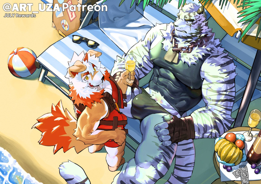 2boys alternate_costume animal_ears arknights banana bandaged_hand bandages bara beach beard black_male_swimwear black_tank_top blue_eyes brown_fur bulge bulge_to_ass chain_necklace covered_nipples cup dog_boy dog_ears drinking_glass facial_hair fang feet_out_of_frame food from_above frown fruit furry furry_male goatee horns hung_(arknights) jewelry large_bulge large_hands large_pectorals large_tail lifeguard looking_at_viewer male_focus male_swimwear manspreading medium_hair midriff_peek mountain_(arknights) multicolored_hair multiple_boys muscular muscular_male mustache_stubble necklace ocean orange_eyes orange_hair paid_reward_available pectorals sand scar scar_across_eye scar_on_arm shirt short_hair single_horn streaked_hair sunlight swim_briefs tail tank_top taut_clothes taut_shirt thick_eyebrows thick_thighs thighs tiger_boy tiger_ears tiger_tail two-tone_fur umbrella uza_(hellme) veins veiny_arms white_fur white_hair wine_glass yaoi