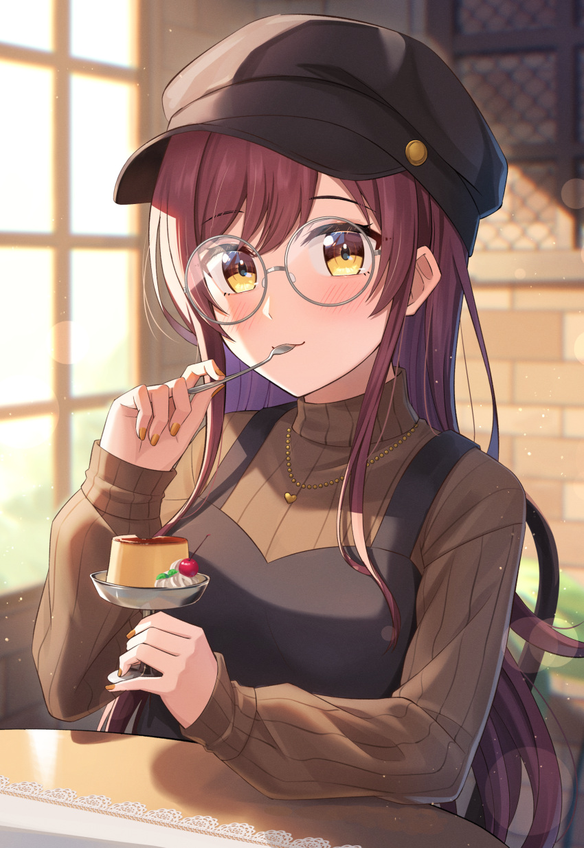 1girl absurdres beret black_dress black_headwear blush brown_sweater cherry closed_mouth dessert dress eating food fruit glasses hat highres holding holding_spoon idolmaster idolmaster_shiny_colors indoors jewelry kurageso long_hair long_sleeves looking_at_viewer nail_polish necklace osaki_amana pudding red_hair ribbed_sweater round_eyewear sitting sleeves_past_wrists smile solo spoon sweater swept_bangs table turtleneck turtleneck_sweater utensil_in_mouth whipped_cream yellow_eyes