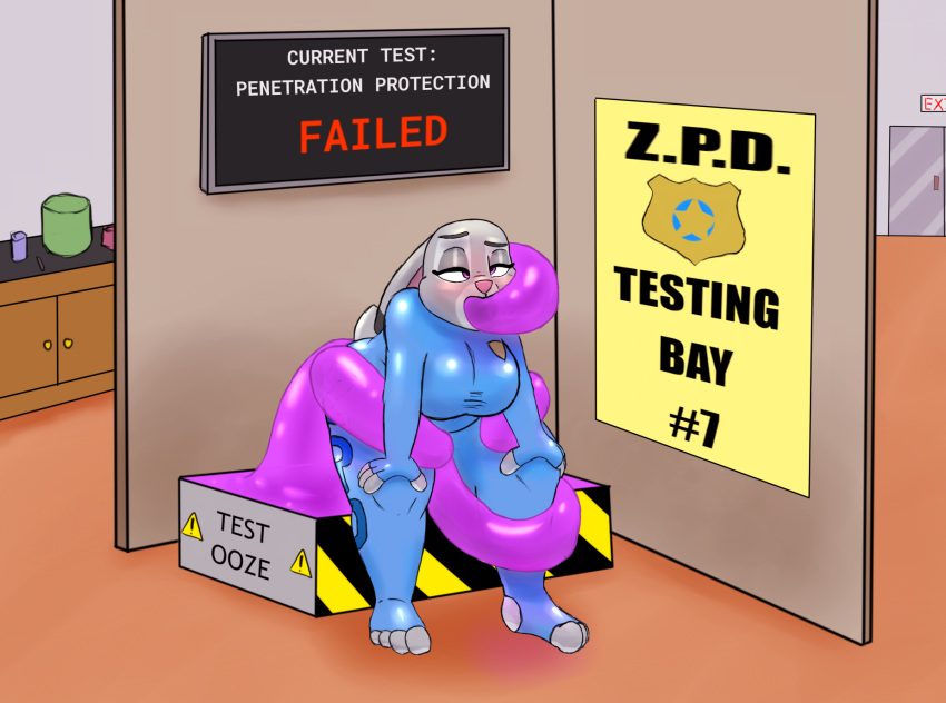 anthro bent_over big_breasts bodysuit breasts clothing cross-eyed disney ears_back female goo_(disambiguation) goo_creature hands_on_knees hands_on_legs hi_res judy_hopps laboratory lagomorph leporid long_ears looking_pleasured mammal olibur oral oral_penetration penetration pivoted_ears police rabbit sex skinsuit solo tentacle_penetration tentacle_sex tentacles thick_thighs tight_clothing zootopia