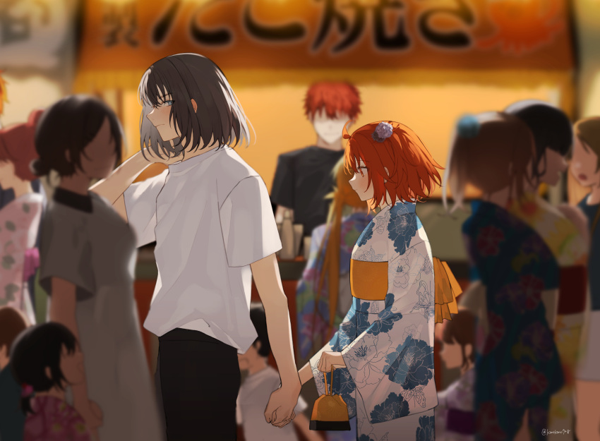 1boy 1girl alternate_costume black_hair black_pants blush ear_blush faceless faceless_female faceless_male fate/grand_order fate_(series) floral_print from_side fujimaru_ritsuka_(female) hetero highres holding_hands japanese_clothes kimono oberon_(fate) oberon_(third_ascension)_(fate) obi orange_hair pants people romo827 sash shirt two-tone_kimono white_shirt yukata