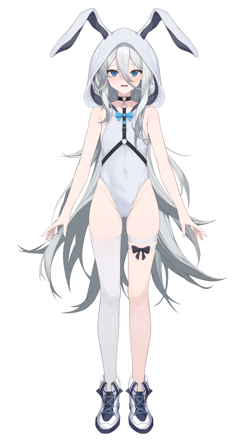 1girl absurdres animal_ears animal_hood armpit_crease arms_at_sides bare_shoulders blue_eyes choker covered_navel fake_animal_ears flat_chest full_body grey_hair groin hair_between_eyes highres hood hood_up hooded_leotard leotard long_hair looking_at_viewer open_mouth original rabbit_ears raised_eyebrows shoes simple_background single_thighhigh solo standing thigh_strap thighhighs very_long_hair white_background white_footwear white_leotard white_thighhighs yume_(454565427)