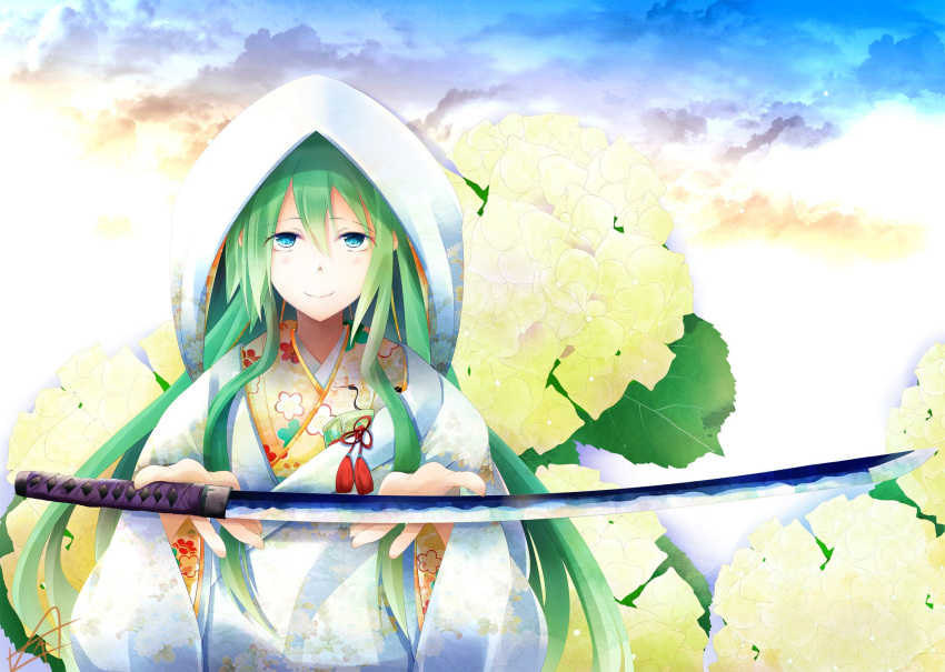 1girl closed_mouth cloud floral_print flower fudo_shin green_eyes green_hair hands_up highres himetsuru_ichimonji_(tenka_hyakken) holding holding_sword holding_weapon hood hydrangea japanese_clothes kimono leaf looking_at_viewer open_hands shiromuku sidelocks sky smile solo straight-on sword tachi_(weapon) tassel tenka_hyakken uchikake wataboushi weapon wide_sleeves