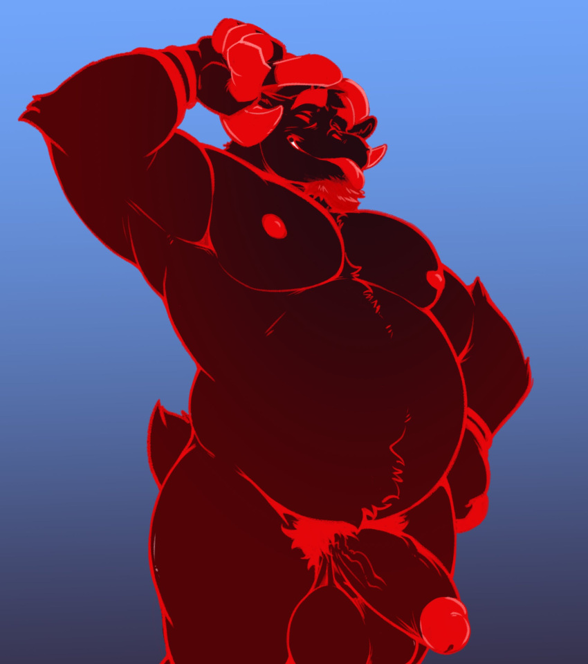 2023 anthro anton_(daxhush) balls barazoku beard belly biceps big_balls big_belly big_muscles big_penis blep blue_background bovid caprine caprine_demon chibsarts demon erection eyebrows eyes_closed facial_hair fur genitals gesture hand_on_hip hi_res horn humanoid_genitalia humanoid_penis male mammal markings musclegut muscular muscular_anthro muscular_male navel nipples nude obliques overweight overweight_anthro overweight_male pecs penis pubes red_body red_fur red_horn saggy_balls silly silly_face simple_background smile solo standing thick_penis thick_thighs tongue tongue_out tuft vein