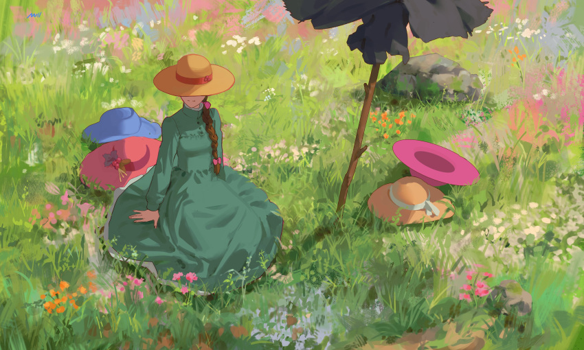 1girl absurdres braid brown_hair closed_mouth covered_eyes dress flower from_above grass green_dress hair_ribbon hat hat_ribbon highres howl_no_ugoku_shiro long_hair long_sleeves null_(skev7724) on_grass on_ground orange_flower pink_flower ribbon rock scarecrow single_braid sitting smile solo sophie_(howl_no_ugoku_shiro) straw_hat sun_hat white_flower