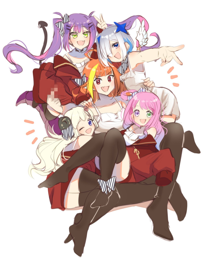 5girls ahoge amane_kanata angel angel_wings bow censored choker demon_girl demon_tail dragon_girl dragon_horns dragon_tail fang full_body green_eyes hair_bow heterochromia highres himemori_luna holoforce hololive horns hug isuka kiryu_coco long_hair looking_at_viewer middle_finger multiple_girls one_eye_closed open_mouth orange_hair pink_hair pointy_ears purple_eyes purple_hair red_eyes sheep_girl sheep_horns short_hair simple_background sitting skin_fang tail thighhighs tokoyami_towa tongue tsunomaki_watame twintails v white_background wings