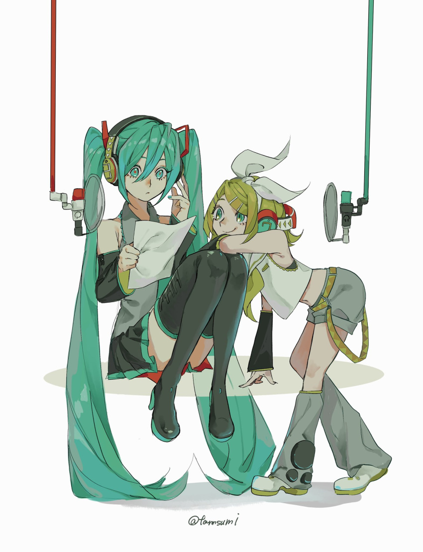2girls aqua_eyes aqua_hair aqua_nails bare_shoulders black_footwear black_sleeves boots closed_mouth collared_shirt commentary_request dee_(tannsumi) detached_sleeves full_body grey_shirt hair_between_eyes hair_ornament hair_ribbon hairclip hatsune_miku headphones highres holding holding_paper kagamine_rin long_hair microphone midriff_peek multiple_girls nail_polish navel neckerchief paper ribbon sailor_collar shirt short_hair shorts simple_background sitting smile standing thigh_boots twintails twitter_username very_long_hair vocaloid white_footwear white_ribbon white_shirt yellow_neckerchief zettai_ryouiki