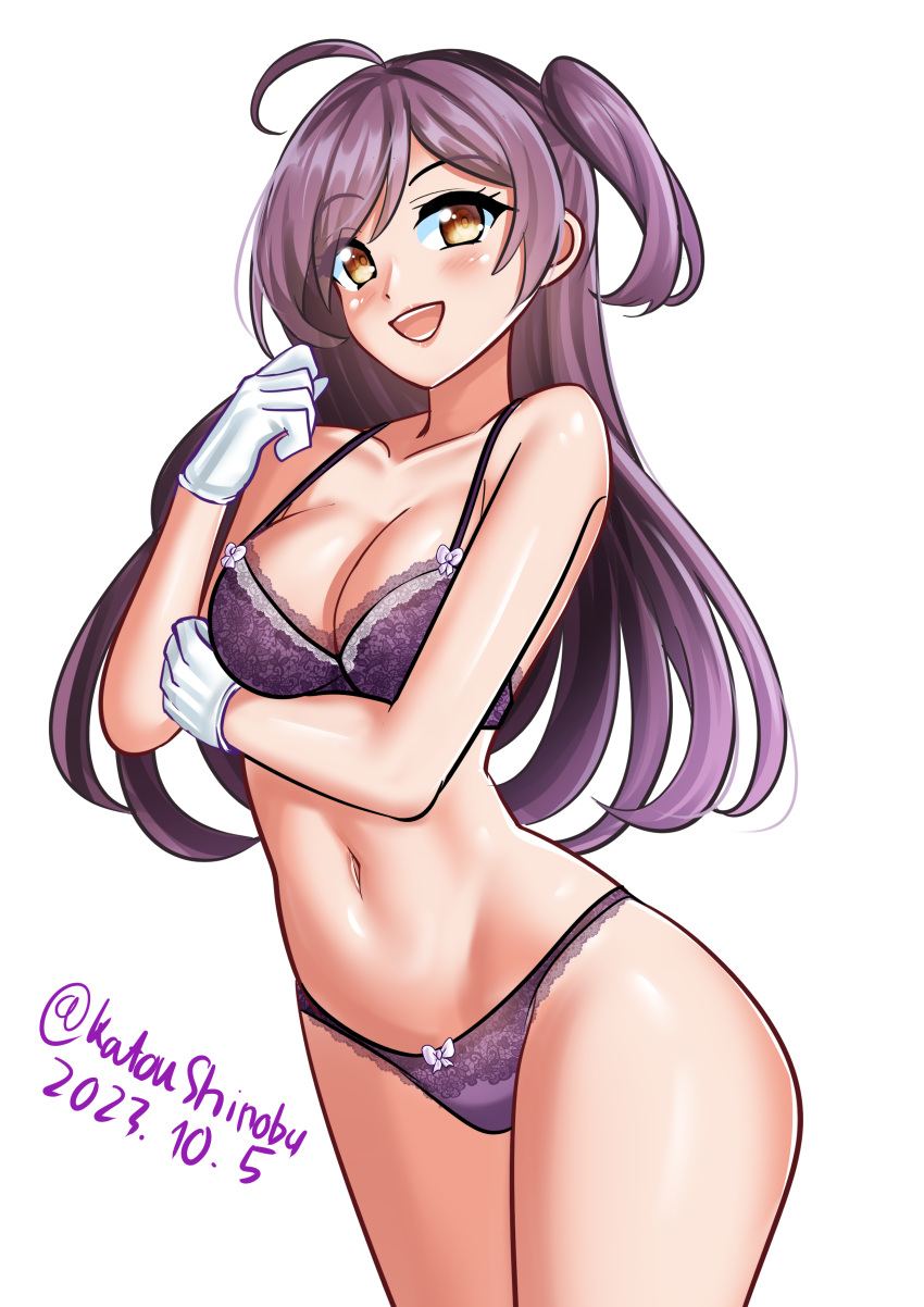 1girl absurdres ahoge bra breasts brown_eyes cleavage dated gloves hagikaze_(kancolle) highres kantai_collection katou_shinobu long_hair medium_breasts one-hour_drawing_challenge one_side_up panties purple_bra purple_hair purple_panties simple_background solo standing twitter_username underwear underwear_only white_background white_gloves