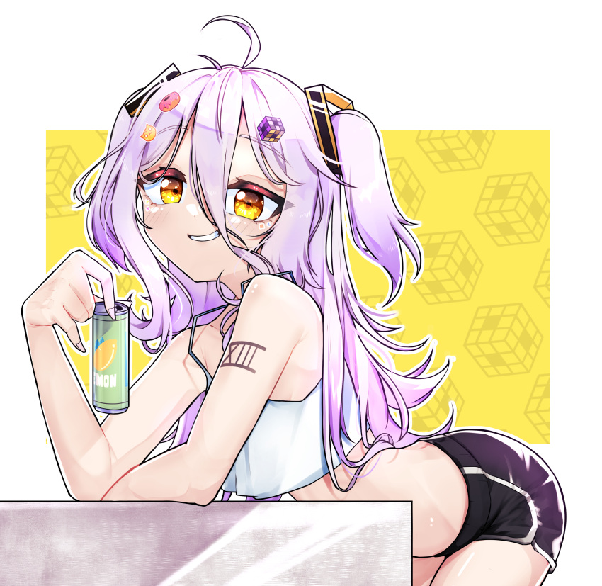 1girl absurdres ahoge arm_support bare_shoulders bent_over black_shorts camisole can cat_hair_ornament crop_top crop_top_overhang facial_mark fingernails grin hair_between_eyes hair_ornament headgear henya_the_genius highres holding holding_can kghazir light_purple_hair long_fingernails long_hair looking_at_viewer loungewear midriff number_tattoo rubik's_cube sharp_fingernails shorts shoulder_tattoo smile solo tattoo two_side_up virtual_youtuber vshojo white_camisole