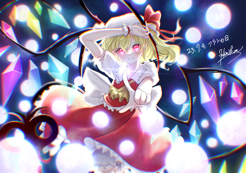 1girl 2023 72mikan_1687 absurdres arm_up ascot back_bow black_background blonde_hair blurry blush bow closed_mouth collar commentary cowboy_shot crystal danmaku dated depth_of_field english_commentary eyelashes flandre_day flandre_scarlet floating_clothes frilled_cuffs frilled_shirt_collar frilled_skirt frills glowing glowing_eyes hair_between_eyes hat hat_bow hat_ribbon highres holding holding_weapon index_finger_raised laevatein_(touhou) long_hair looking_at_viewer mob_cap pointing pointing_at_viewer puffy_short_sleeves puffy_sleeves rainbow_order red_bow red_eyes red_ribbon red_skirt red_vest red_wrist_cuffs ribbon shirt short_sleeves signature simple_background skirt smile solo standing touhou vest weapon white_bow white_collar white_headwear white_shirt wings yellow_ascot